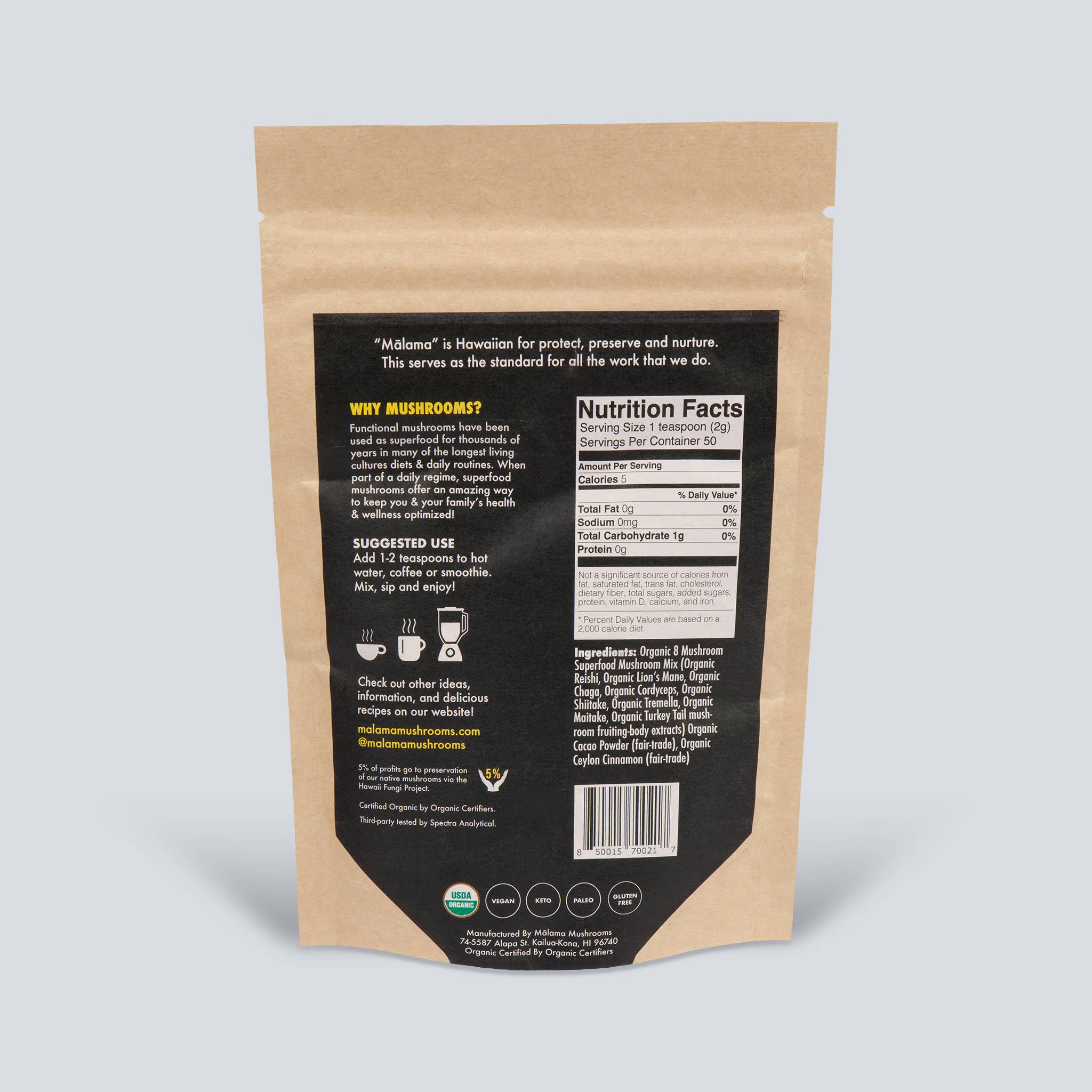 Malama Mushrooms - Wholesale Hot Cocoa Mix/Kit - 8 Mushroom Cacao Mix - 3.5 oz Organic1