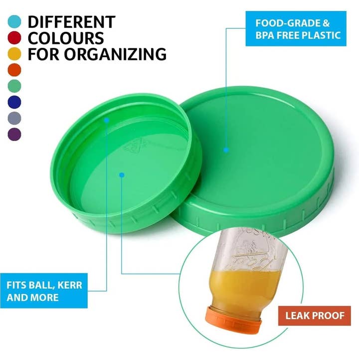 Vigor Path - Vendita all'ingrosso Contenitori per alimenti - Coperchi Mason Jar - Compatibili con Ball, Kerr e altre marche - Tappi in plastica dai colori vivaci per conserve e barattoli di conservazione - Ermetici e a prova di versamento - Confezione da 16 (bocca larga - 3,38 pollici)