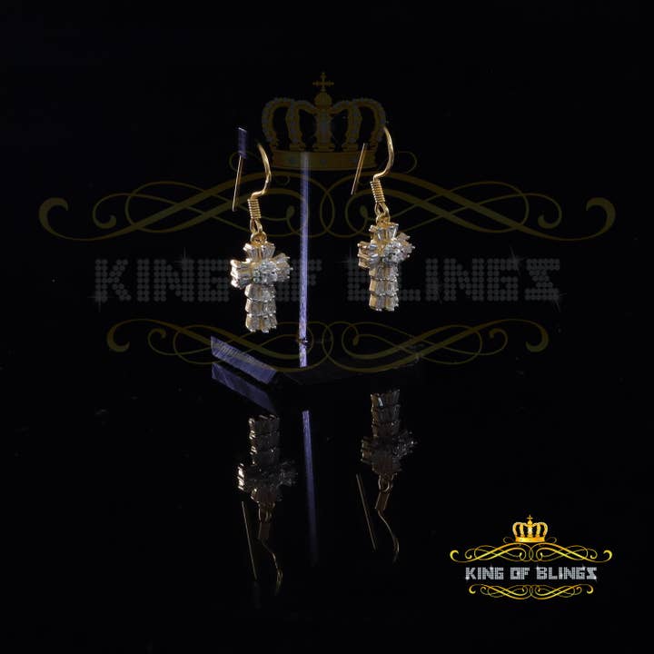 King of Bling's 1.00ct Moissanite Yellow 925 Silver Women's Dangling Cross Fish Hook Earrings for wholesale by KING OF BLINGS