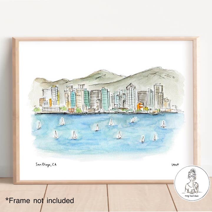 San Diego, Californie - Horizon avec voiliers. Impression artistique pour la vente par Messy Heart Studio