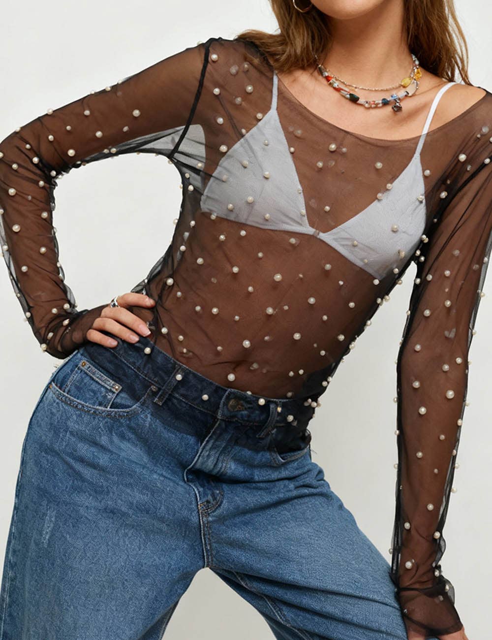 Sweetkama - Wholesale Blouse - Women's - Sparkle Pearl Studded Sheer Mesh See Through Top SKT210690