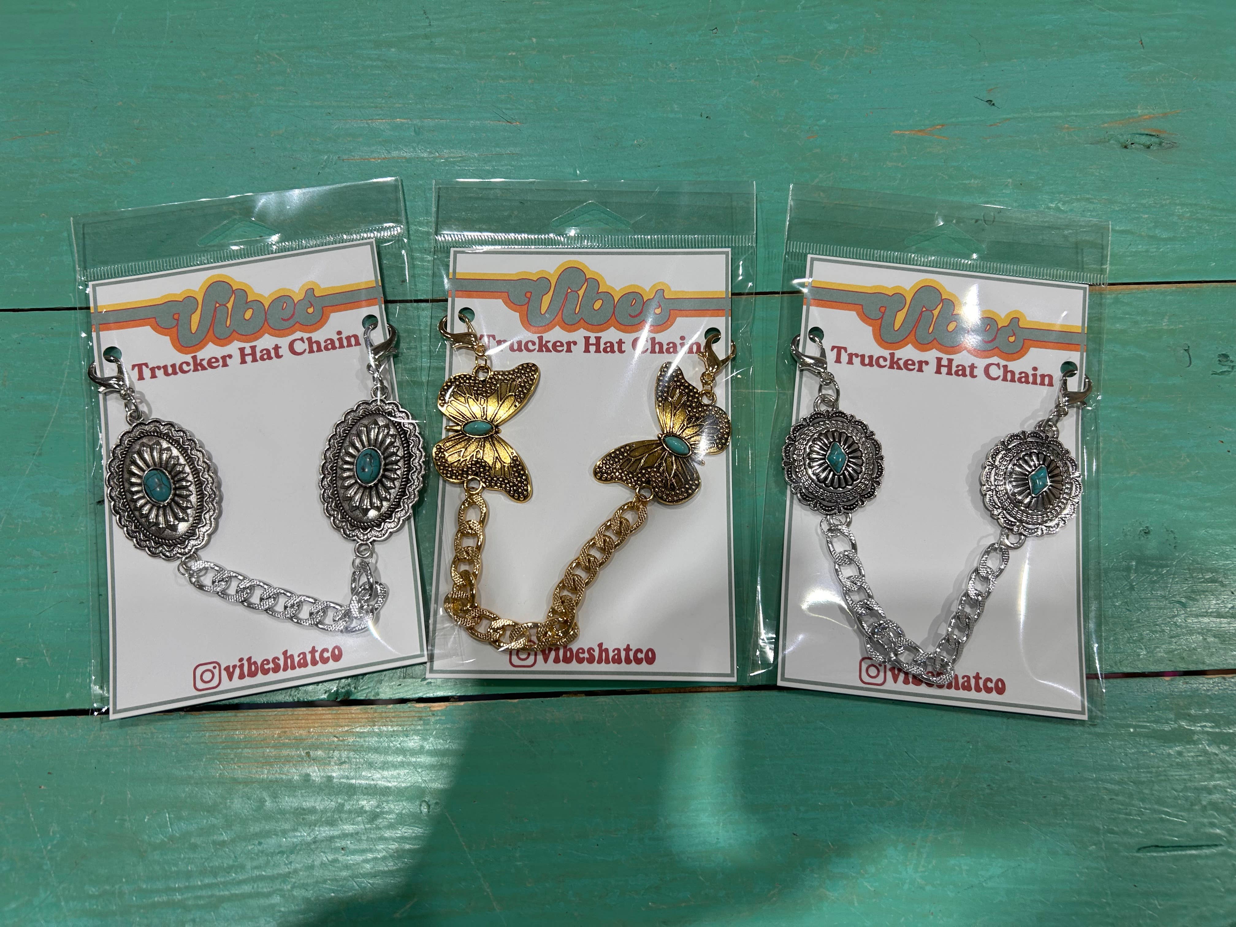 Vibes Hat Company - Wholesale Hat Accessory - Women's - Turquoise & Embossed Gold  Butterfly Trucker Hat Chain | Cap6