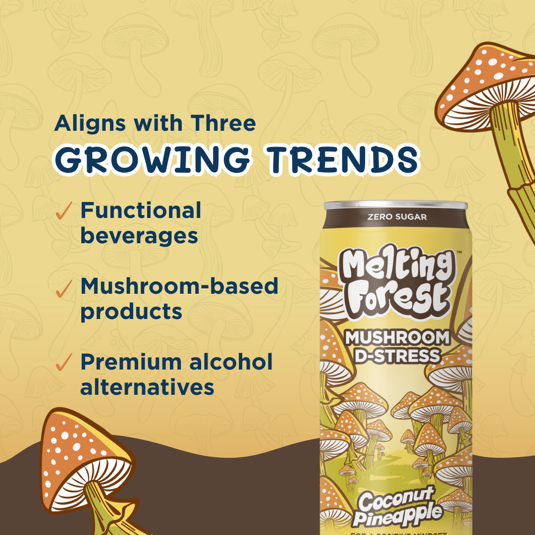 Melting Forest - Vente Eau gazeuse - Boisson aux champignons pour soulagement du stress - Noix de coco et ananas12