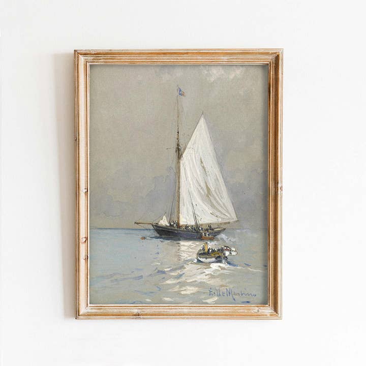 Impression d'art vintage Calm Sea Boat pour la vente par Paper House Print Shop