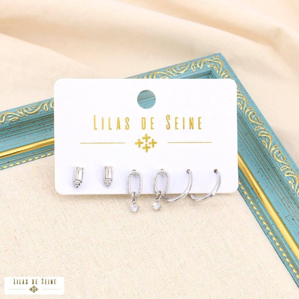 Lilas de Seine – wholesale Jewellery set – Rhinestone steel hoop earrings set 03231753