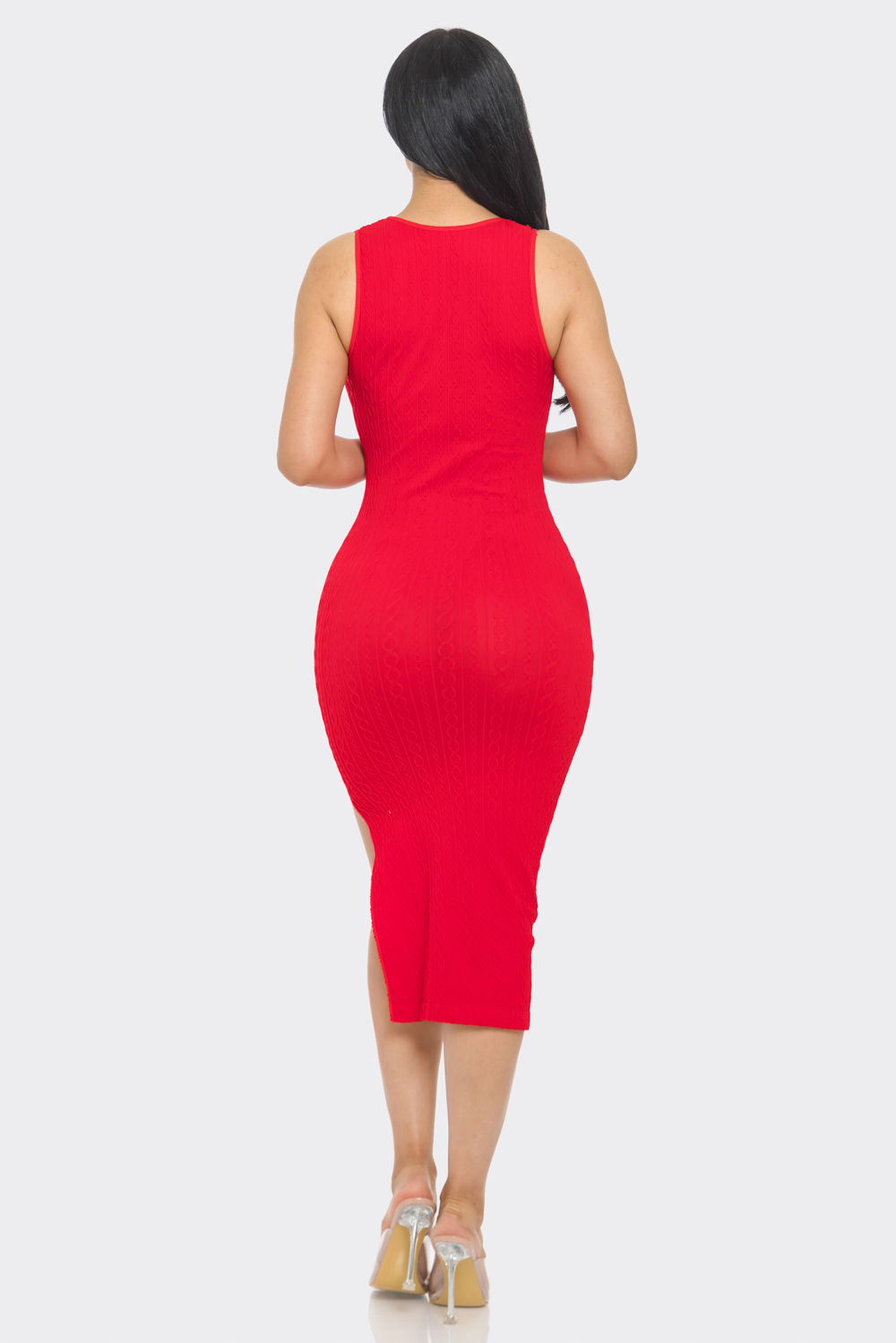 Lime All the Time - Wholesale Dress - Women's - Chain Textured Round Neck Sleeveless Side Split Midi Dress8