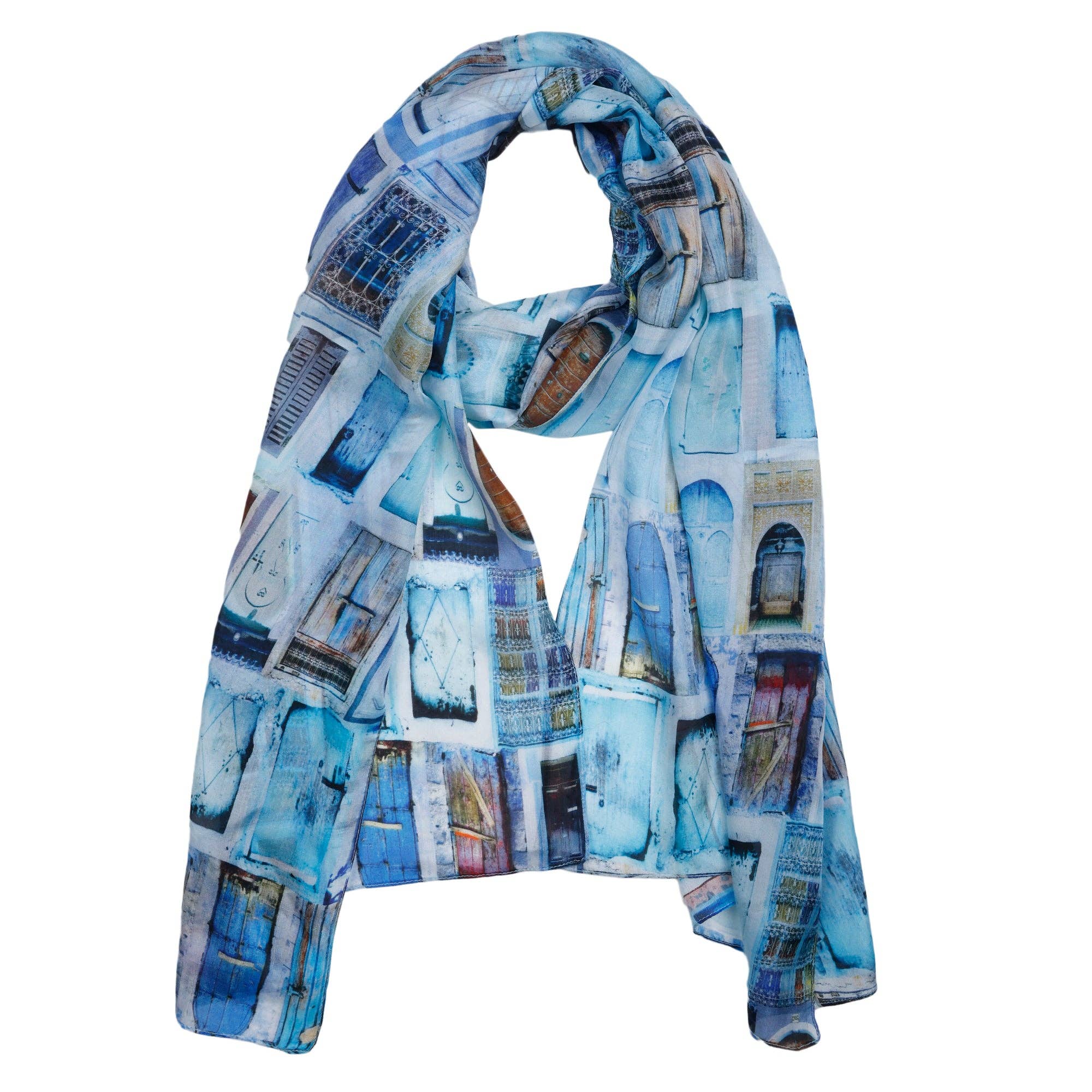 Namaskar Australia - Wholesale Scarf - Women's - Blue Door Architectural Art Scarf – Pure Silk Designer Wrap | Moroccan Abstract Print1