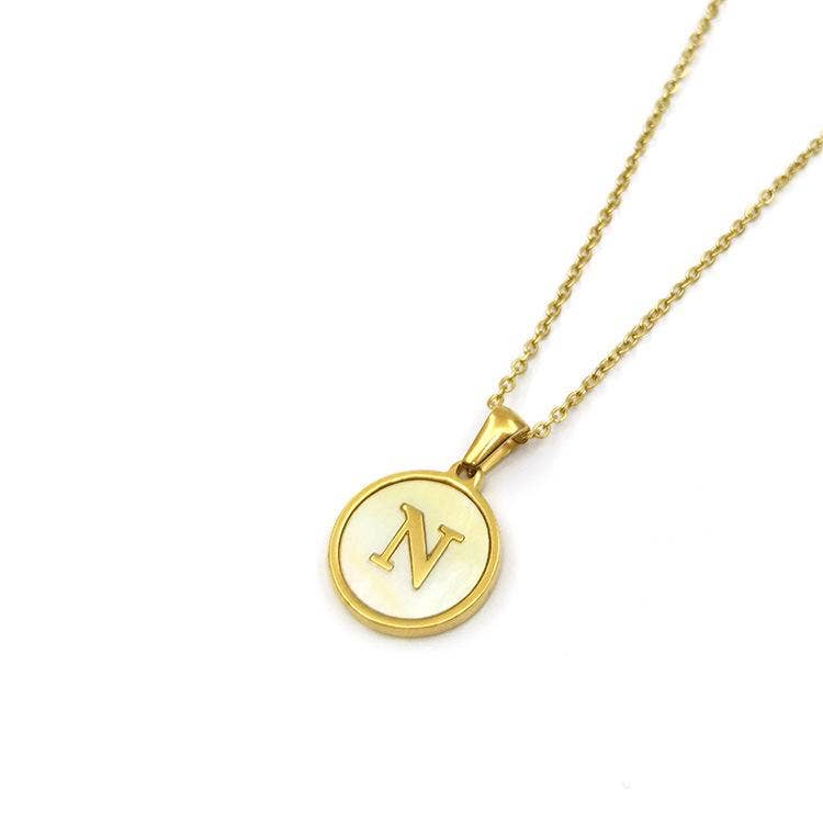 Mio Queena - Wholesale Pendant/Charm Necklace - Round 18K Gold-plated Stainless Steel 26 Letters Necklace9