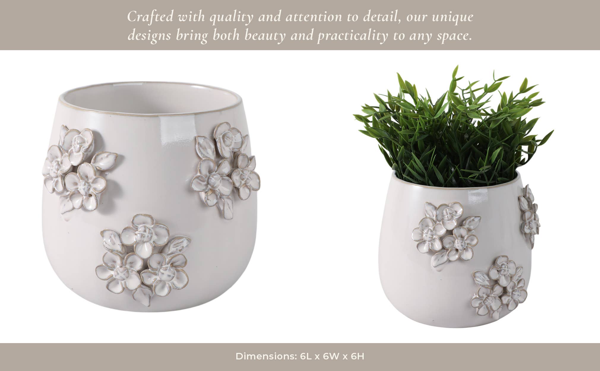 Sagebrook Home - Wholesale Plant Pot - Ceramic Flower Bunches Applique Planter - Ivory, 6 in.12