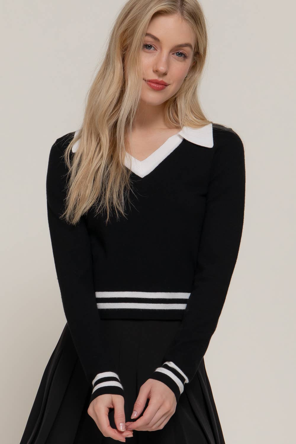 Active Basic | Active USA - Wholesale Knit Sweater - Women's - Long Sleeve Stripe Polo Sweater16