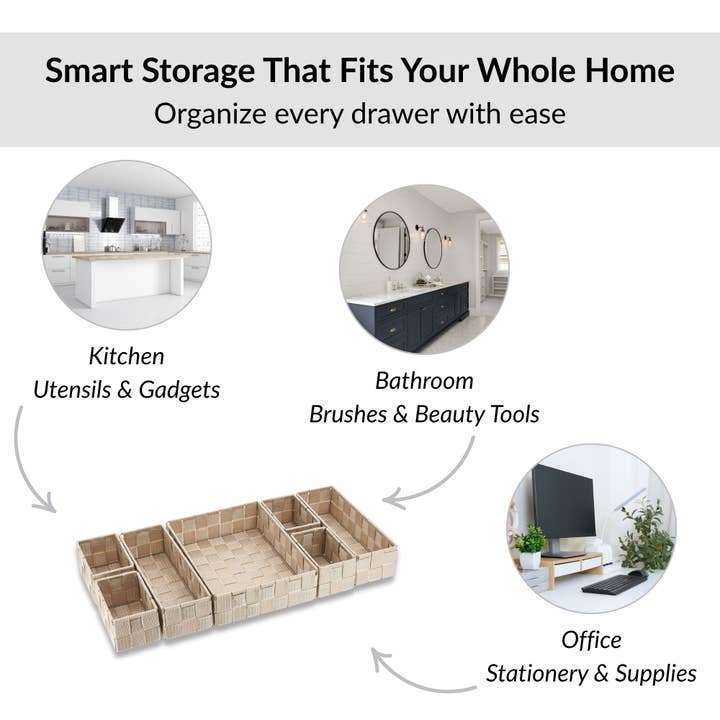 Evideco French Home Goods - Wholesale Drawer Organizer - 7-Piece Braided Polyester Drawer Divider Set - Beige7