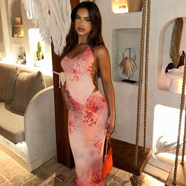 Pink Two Piece Set Women Floral Elegant Print Outfits Sexy Backless Halter Camisole Top High Waist Long Skirts Summer Clothes for wholesale on Faire3