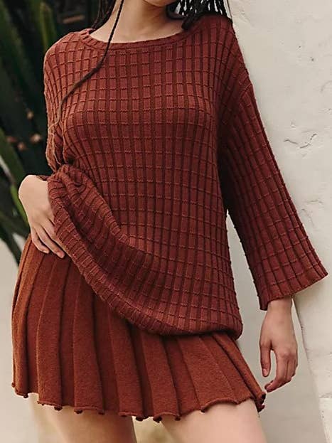 Rosa Clothing - Wholesale Top & Skirt Set - Women's - Waffle Knit Sweater Pleated Skirt Knit Set5