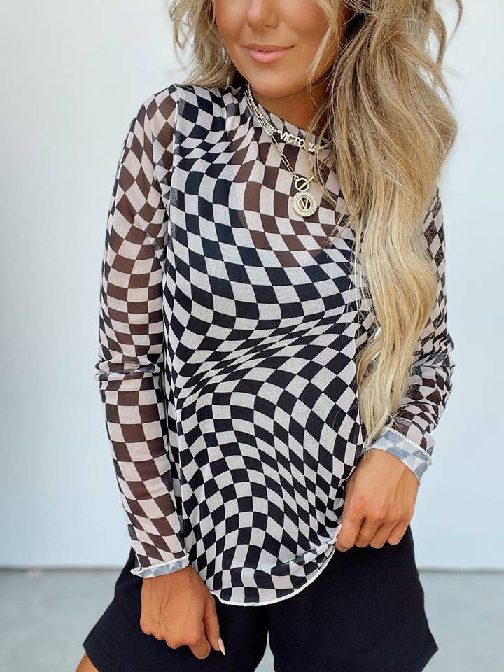 Black Checkered Pattern Mesh Mock Neck Long Sleeve Top for wholesale on Faire