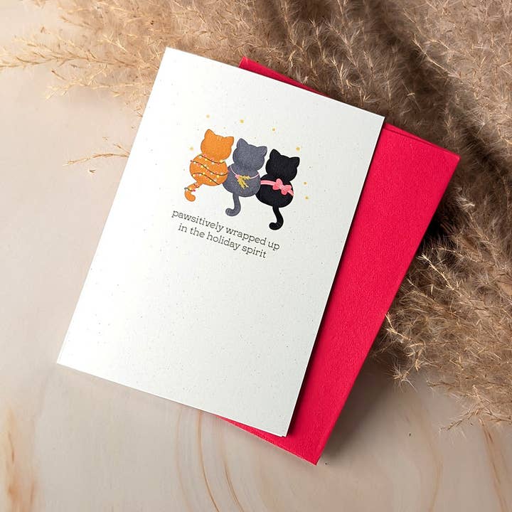 Pawsitively in the Holiday Spirit Mini Cat Card for wholesale by Cheeky Peach Designs