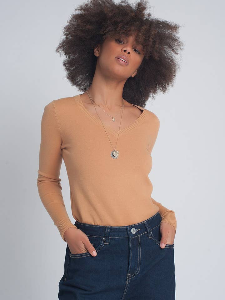 Soft basic sweater with camel v-neck for wholesale by Q2—All Orders:Free Duties for the US,UK,and Canada