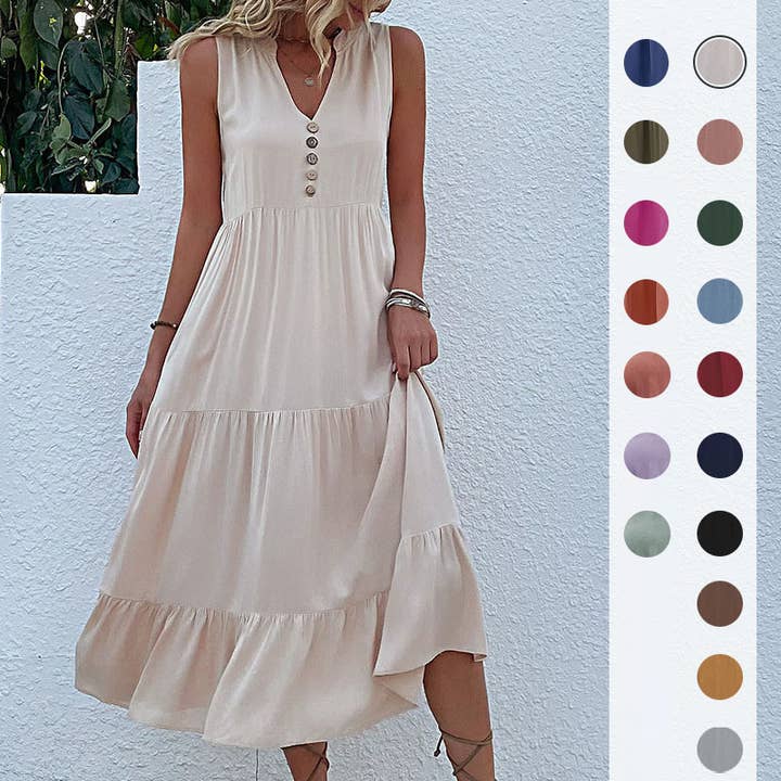 Effortless Solid V-Neck Midi Dress for wholesale by onatorobi