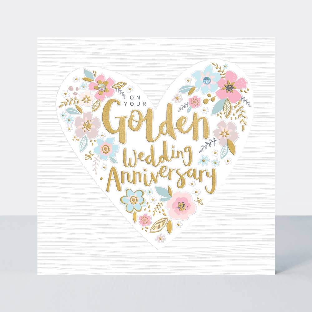 Rachel Ellen Designs – wholesale Wedding card – Peony - Golden Anniversary Heart