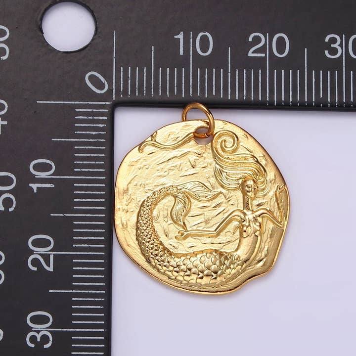 Aim Eternal - Wholesale Individual charm/pendant - 14K Gold Filled Ocean Mermaid Textured Round Coin Charm in Gold & Silver | N1161 N11622