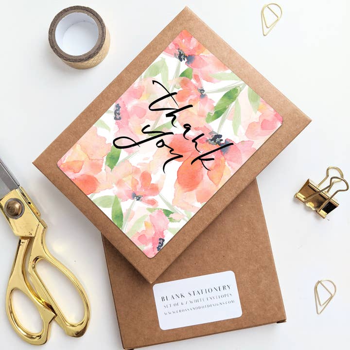 Stationery Set of 6 - Floral Thank You for wholesale by Cross and Dot