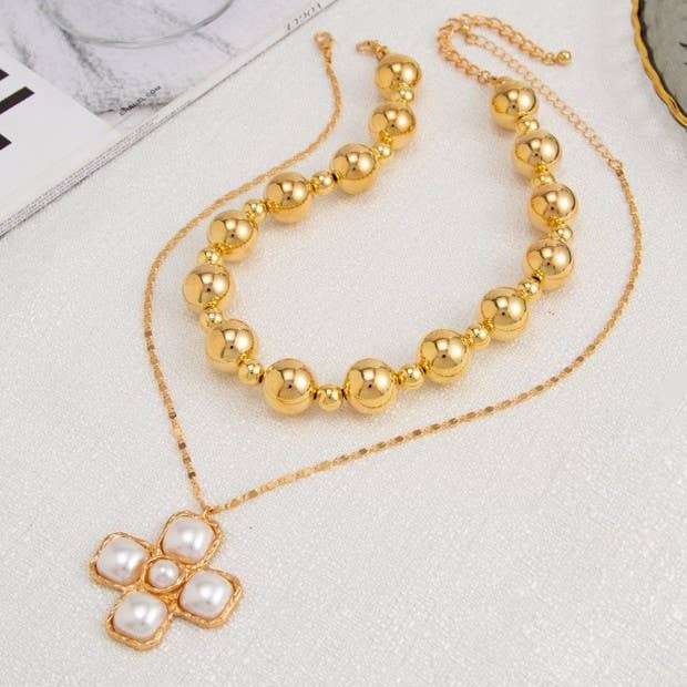 GOLD CROSS CHUNKY BALL CHAIN STATEMENT NECKLACE | 40NK9598 for wholesale on Faire1