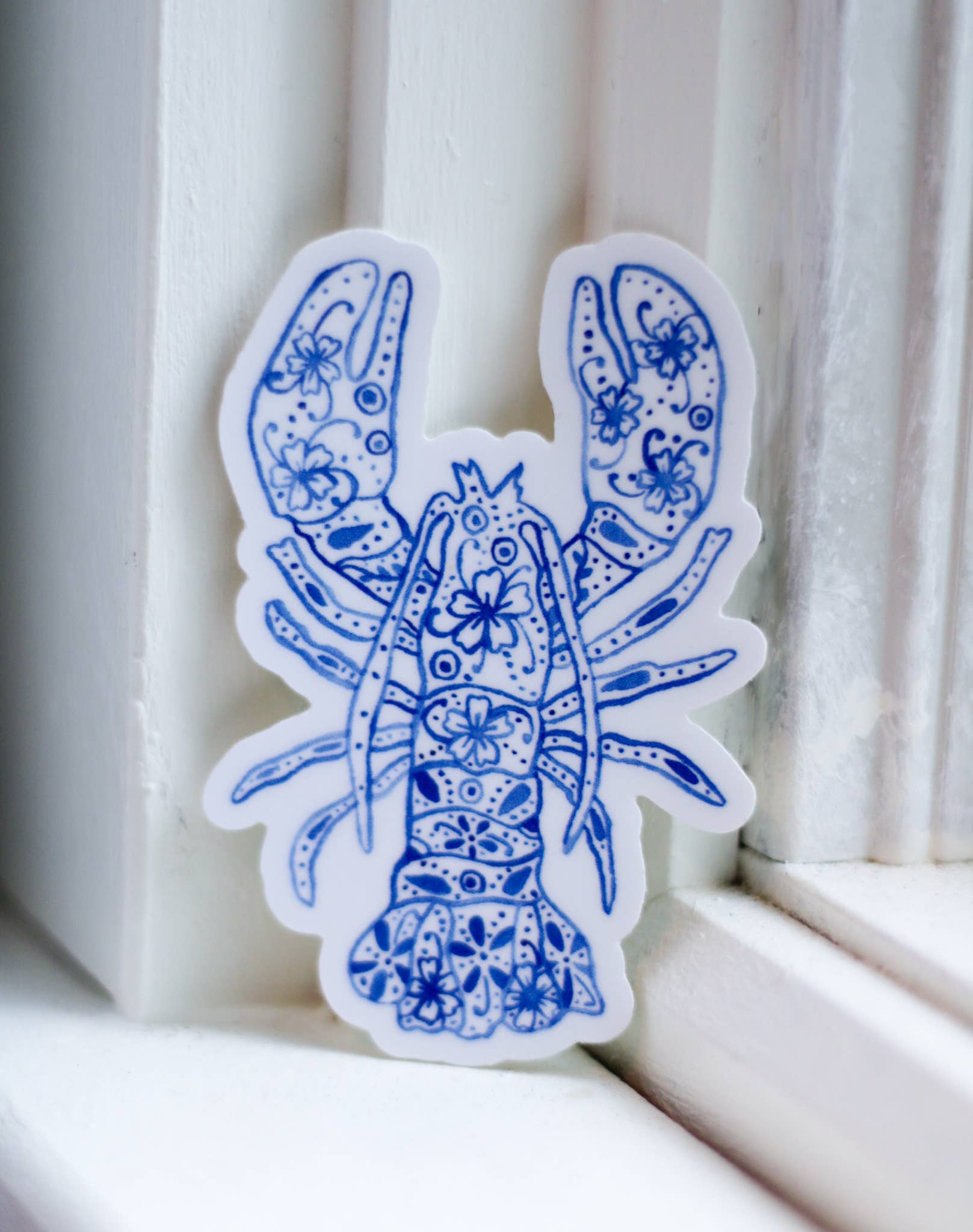 Blue and White Pottery Inspired | Watercolor Lobster Sticker for wholesale by Scribbles and Doodlez
