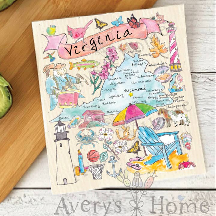 Virginia State Map Organic Reusable Swedish Dishcloth for wholesale by Avery's Home