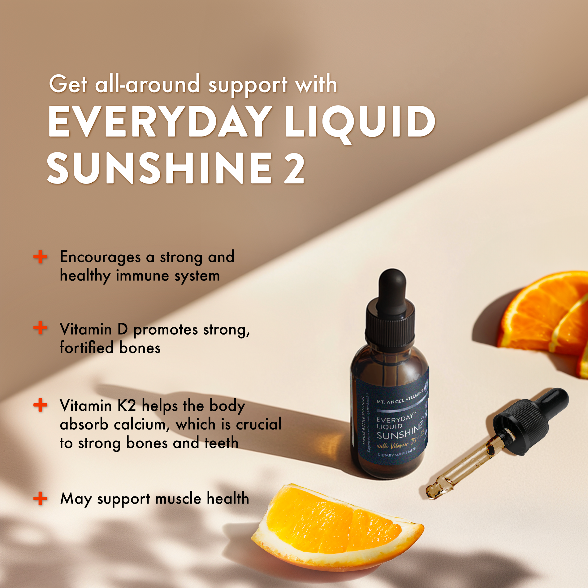 Mt. Angel Vitamins - Wholesale Oral Supplement/Vitamin - Mt. Angel Vitamins' Everyday Liquid Sunshine D3+K2 - 2 fl oz4