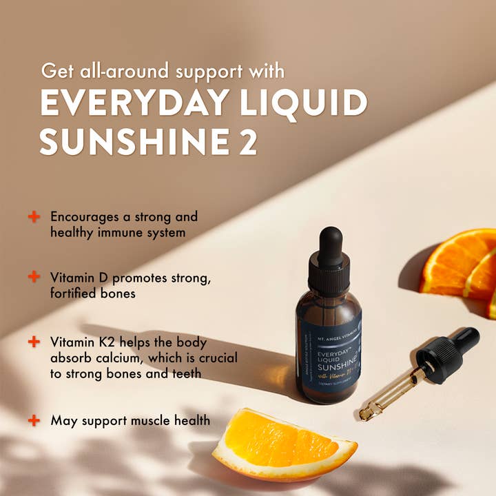 Mt. Angel Vitamins - Wholesale Oral Supplement/Vitamin - Mt. Angel Vitamins' Everyday Liquid Sunshine D3+K2 - 2 fl oz4