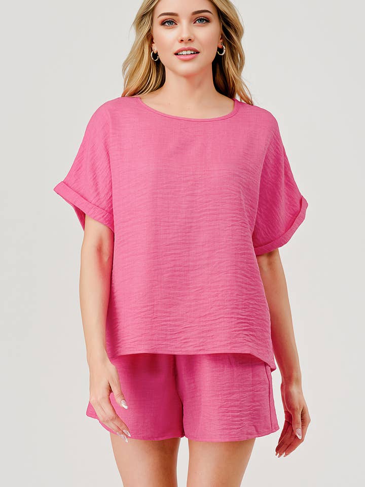 Summer 2 pc Game Day Top and Shorts Set Pink Linen Look for wholesale by Pixi + Ivy