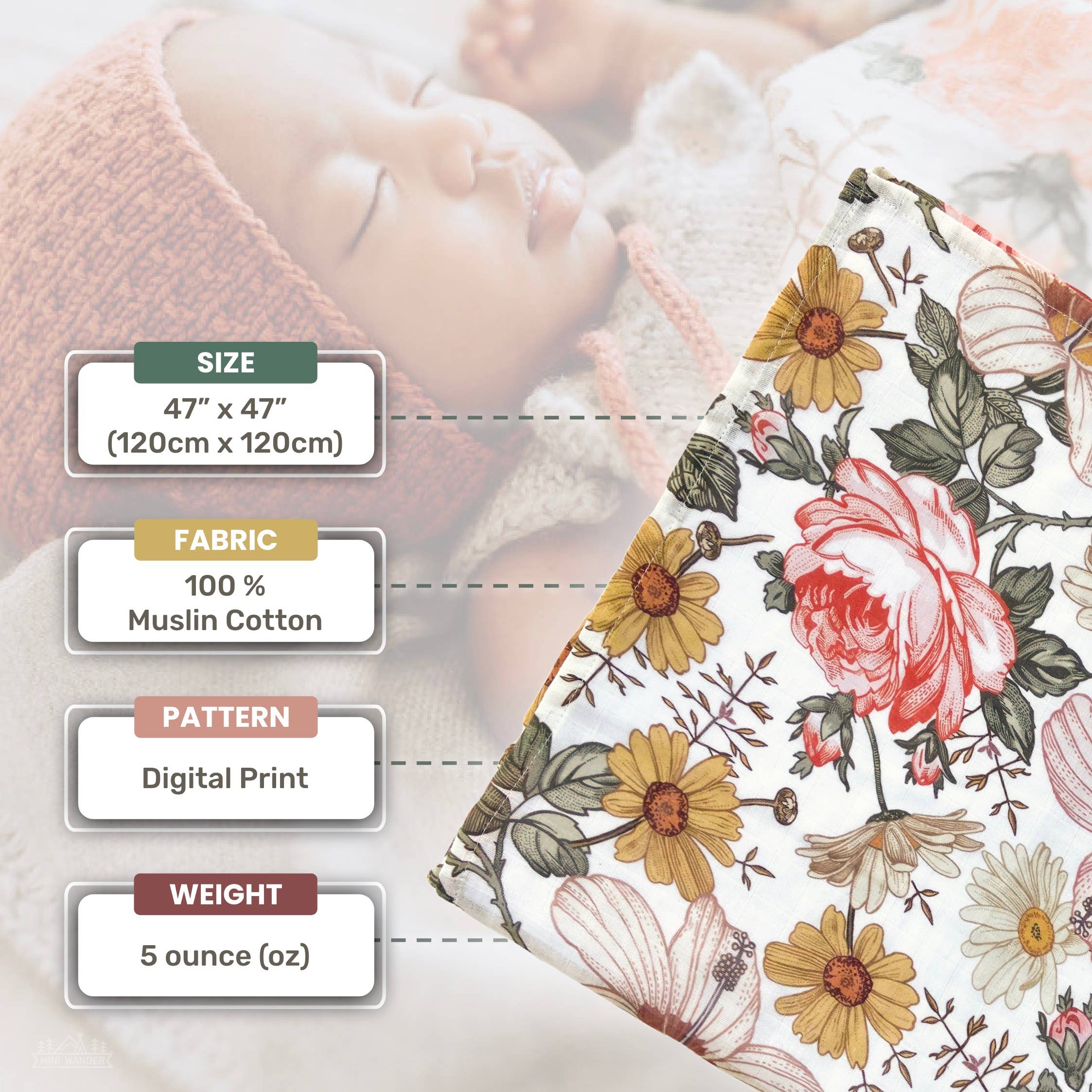 Mini Wander, LLC - Venta al por mayor Mantita - Bebé - Mantel de muselina blanca con estampado floral para jardín11