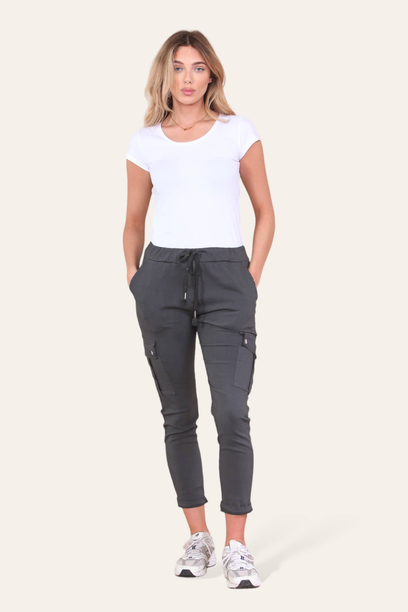Kurt Muller – wholesale Pants – Women's – Plain Cargo Stud Pocket Bi-Stretch Magic Trousers30