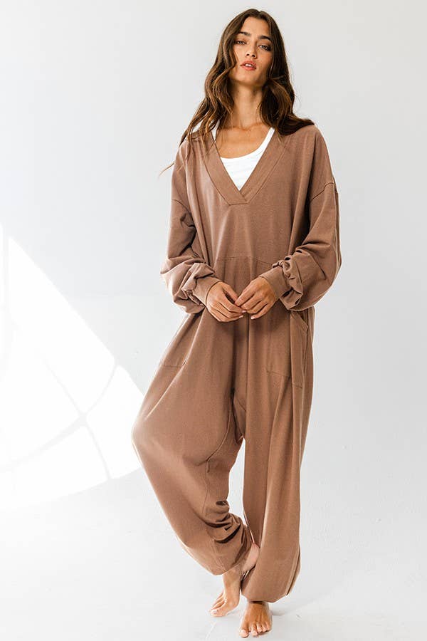 Drop Crotch V-Neck Solid Jersey Jumpsuit