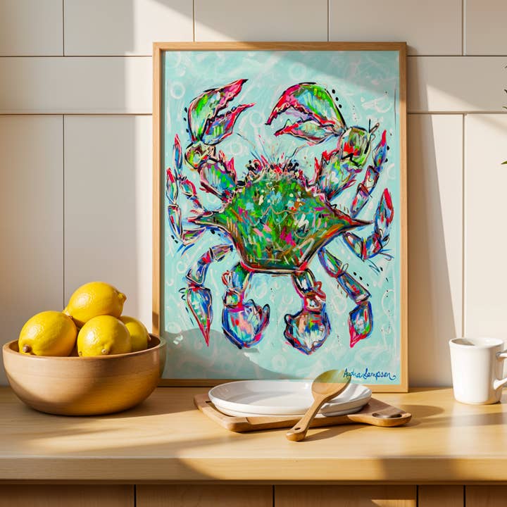 Impression de crabe bleu, art côtier, décoration dopamine, affiche murale colorée tendance, maison maximaliste pour la vente par Audra Style