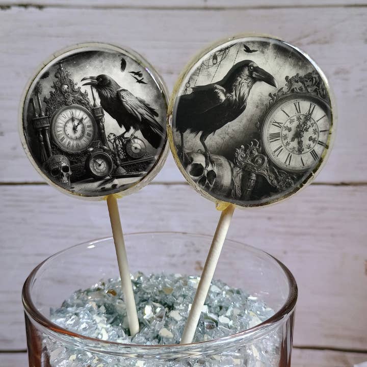 Gothic Ravens Lollipops with Edible Glitter Edible Image for wholesale by Homespun Parties