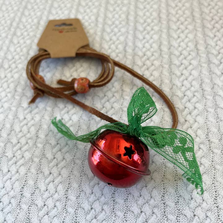 Jingle Bell Necklace Red Bell with Bright Green Lace Bow for wholesale by Open Window Studios
