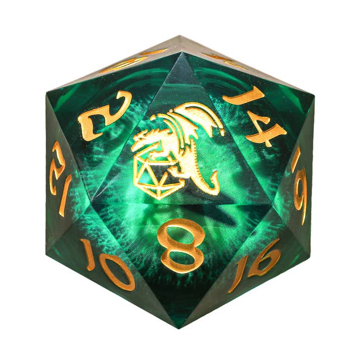 LED en résine à bords tranchants 55 mm D20 - Beholder Gaze Green pour la vente par Hymgho Premium Dice