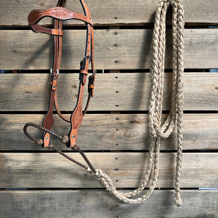 Light Oil Basketweave Tan Loping Hackamore #LHK013 for wholesale by Rodeo Drive