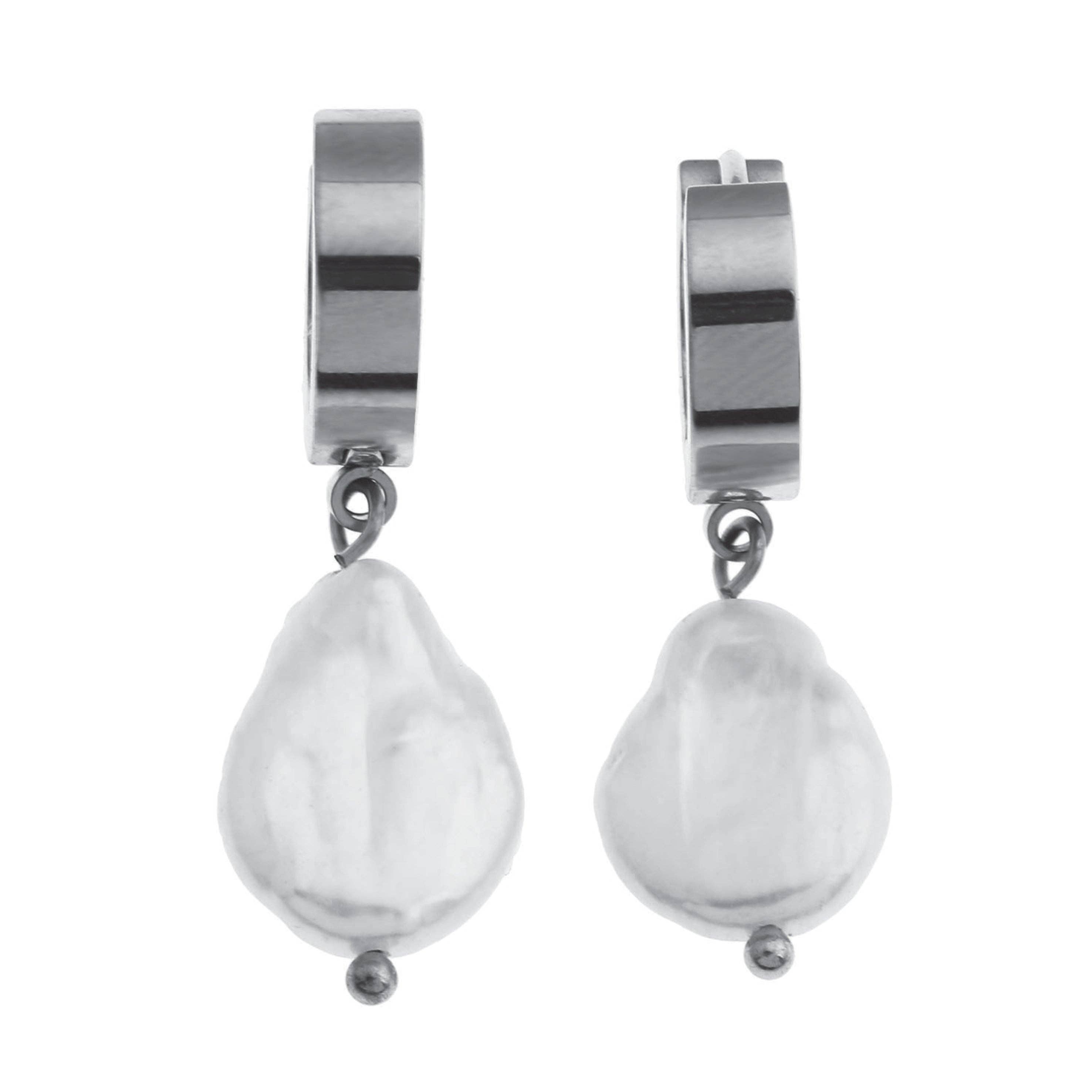 HACKNEY NINE – wholesale Dangle earrings – GAIA White Gold (Silver Toned):  Baroque Freshwater Pearls on Wide Mini Hoops0