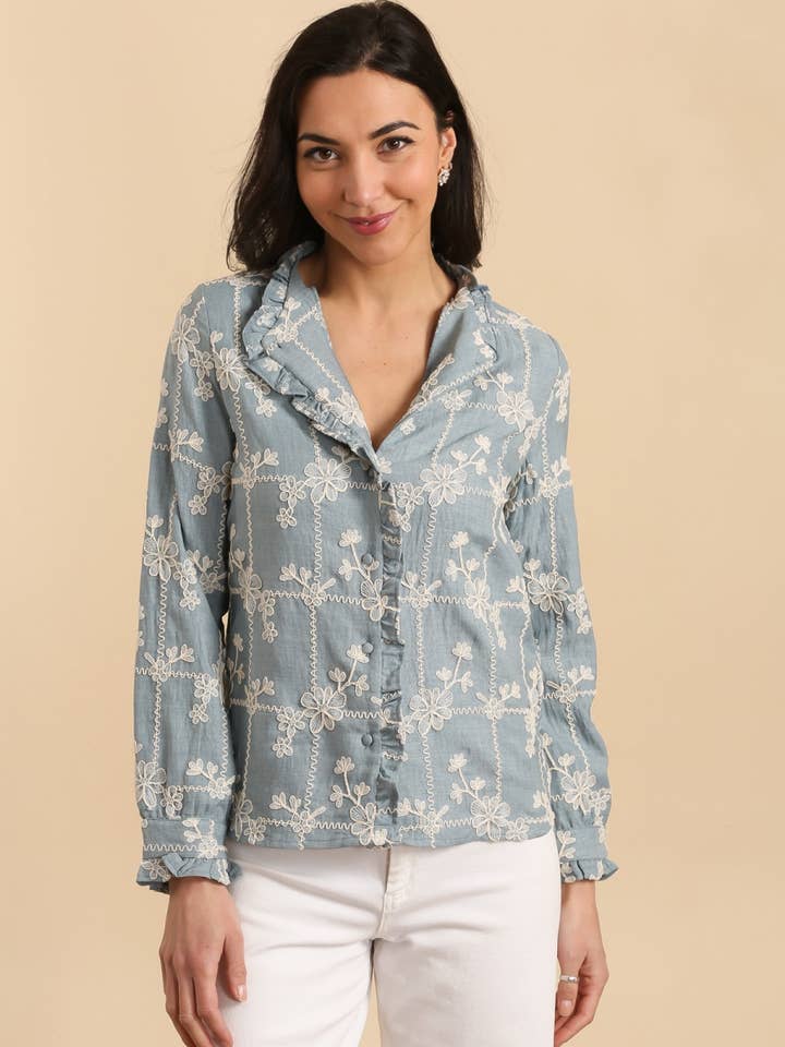 LOVIE & CO - Wholesale Button Down Shirt - Women's - Embroidered floral blouse - 4866T-CAITLIN1