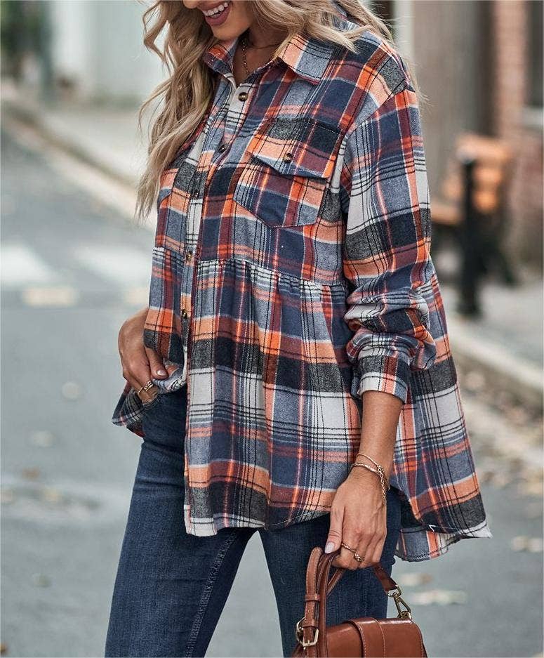 Rosa Clothing - Wholesale Button Down Shirt - Women's - Pocket long-sleeve plaid shirt jacket14
