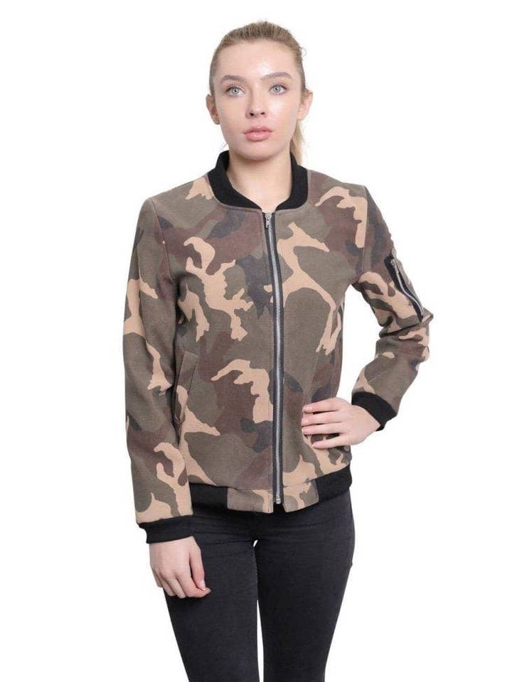 De La Creme - Jaqueta Bomber Feminina Camuflada Zip-Thru por atacado de De La Creme Fashions