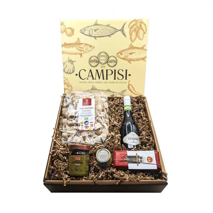 Cesta Regalo Gold 2 con 5 prodotti siciliani - Hamper 809 per la vendita all'ingrosso da parte di The Sicily Essence