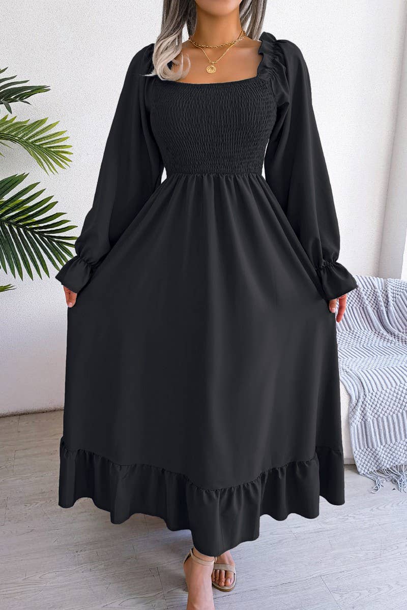 Lily Clothing - Wholesale Dress - Women's - SQUARE NECK LARGE SWING FLOUNCES LONG DRESS_CWDMD11656