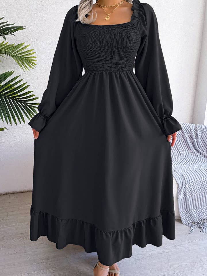 Lily Clothing - Wholesale Dress - Women's - SQUARE NECK LARGE SWING FLOUNCES LONG DRESS_CWDMD11656