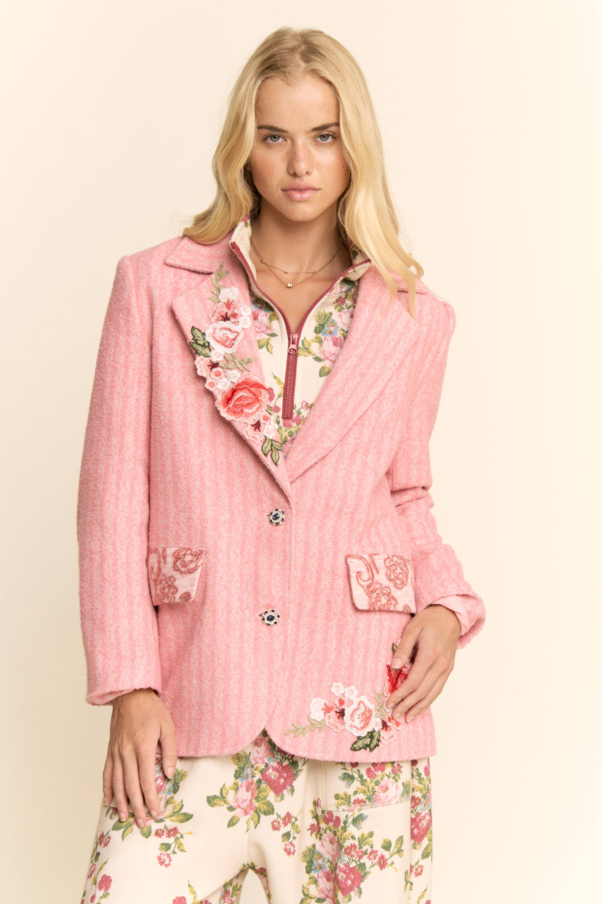 Pink PLUS HARRINGBONE EMBROIDERED EMBROIDERED JAKCET for wholesale on Faire2