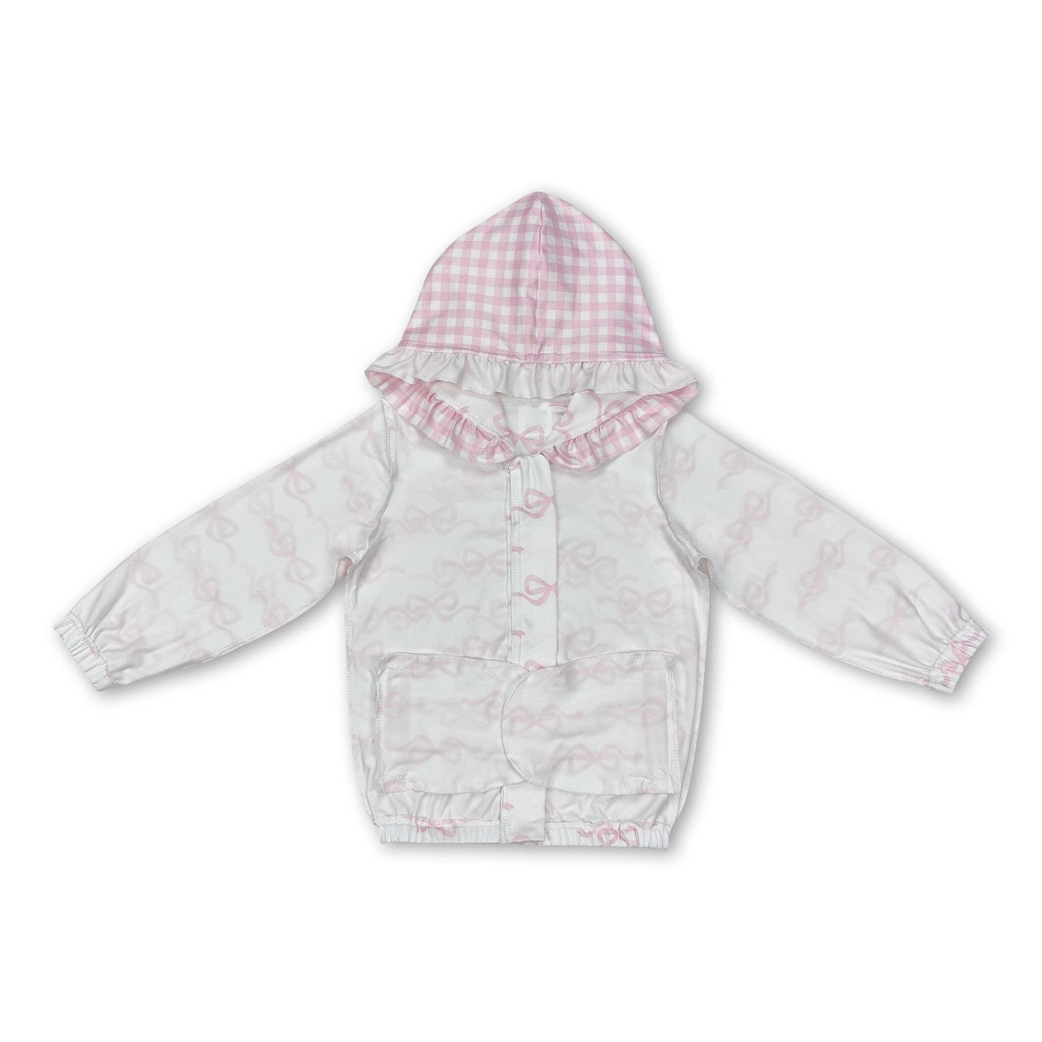 Yawoo Garments - Wholesale Hoodie - Kids - White pink bow ruffle pocket zipper baby girls hooded jacket1
