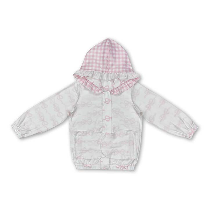 Yawoo Garments - Wholesale Hoodie – Child - White pink bow ruffle pocket zipper baby girls hooded jacket1
