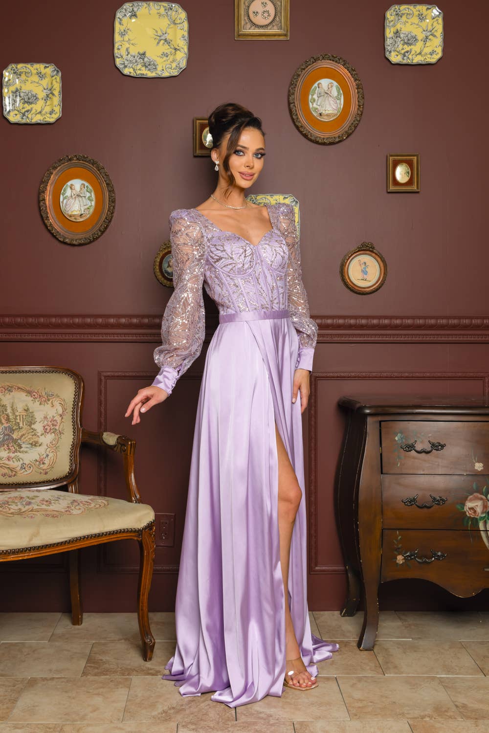 RICARICA INC. - Wholesale Gown - Women's - 2431-SOLID COLOR SATIN AND SEQUIN GLITTER MAXI DRESS4