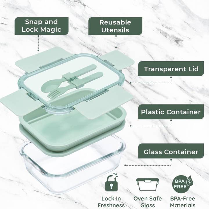 Lexi Home - Wholesale Lunch Bag/Box - Deluxe 4-in-1 Double Layer Glass Bento Box with Utensils